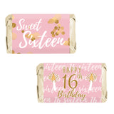 DISTINCTIVS Pink and Gold Sweet 16 Mini Candy Bar Wrappers - 42 Count - Sweet Sixteen Birthday Party Favors for Girls