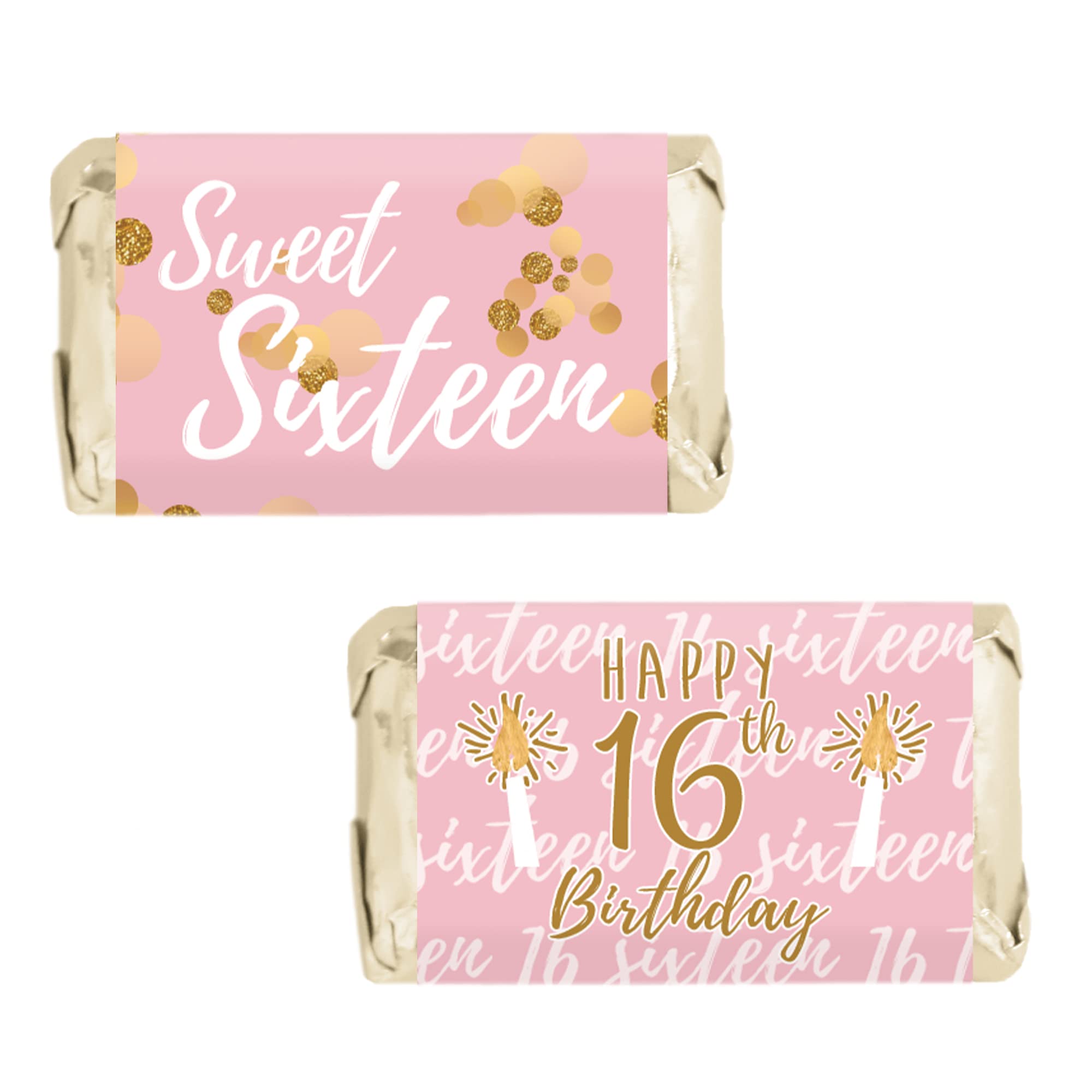 DISTINCTIVS Pink and Gold Sweet 16 Mini Candy Bar Wrappers - 42 Count - Sweet Sixteen Birthday Party Favors for Girls
