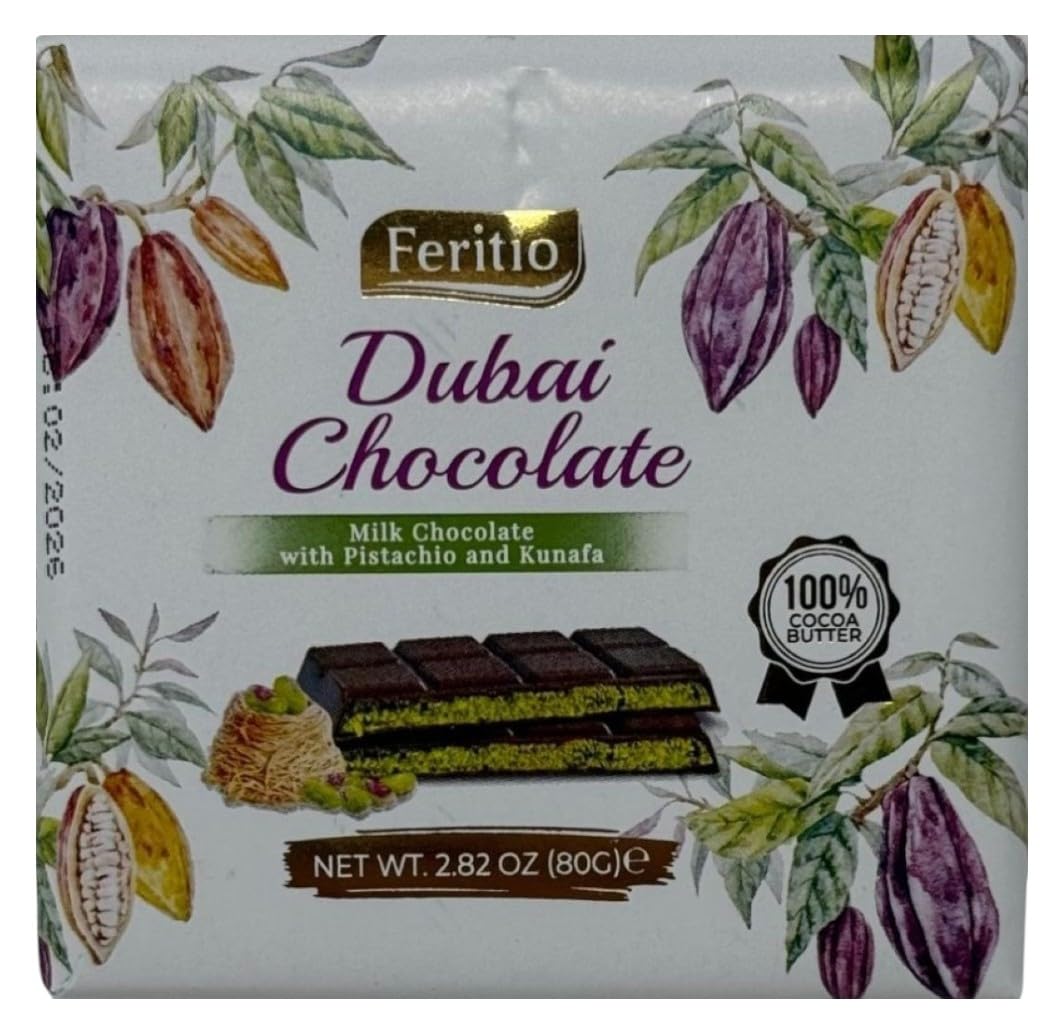 Feritio Dubai Chocolate Bar (2.8 OZ / 80 Grams - Chocolate/Kunafa/Pistachio)