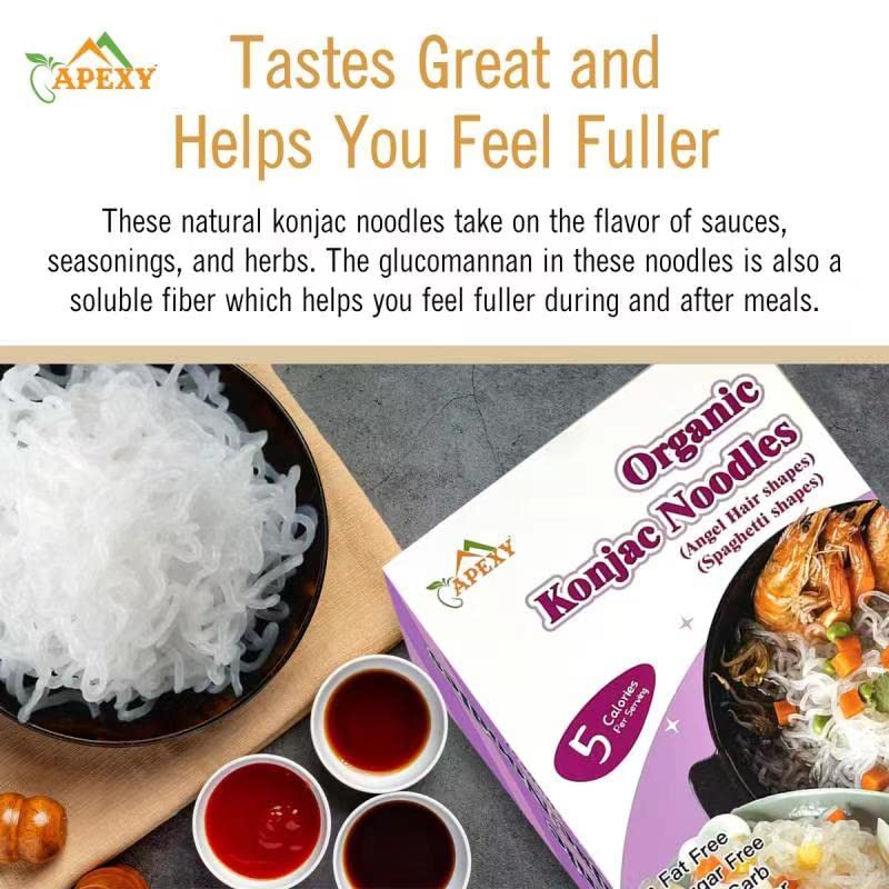 Apexy Organic Shirataki Konjac Noodle 8 Pouches Total 42.24oz. Low Calorie, Low-Carb Gluten Free, Vegan, Keto and Paleo-Friendly. (Angel Hair