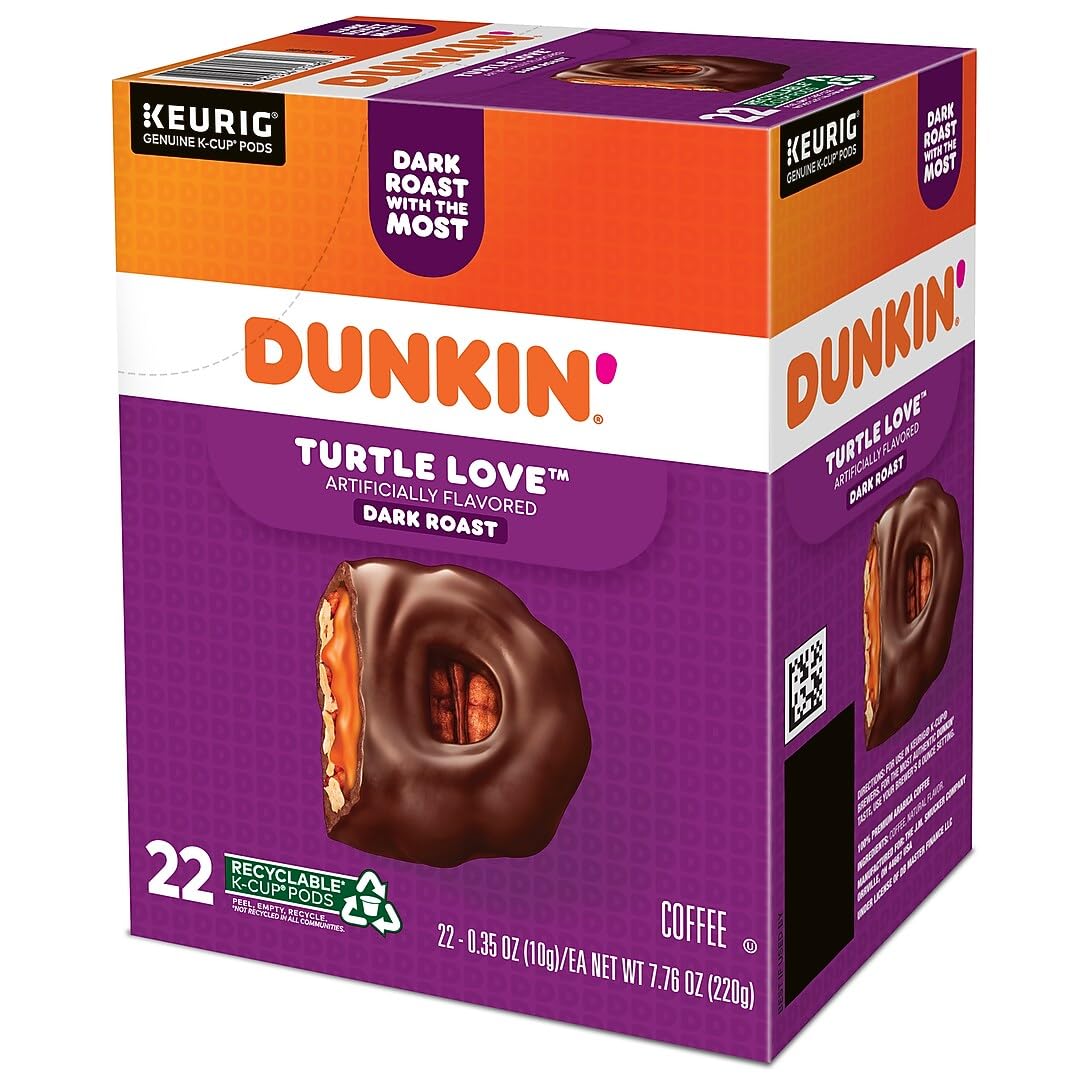 Dunkin' Turtle Love Dark Roast K-Cup Pods, 22 Count, Caramel Pecan Chocolate Flavor, Caffeinated, Kosher