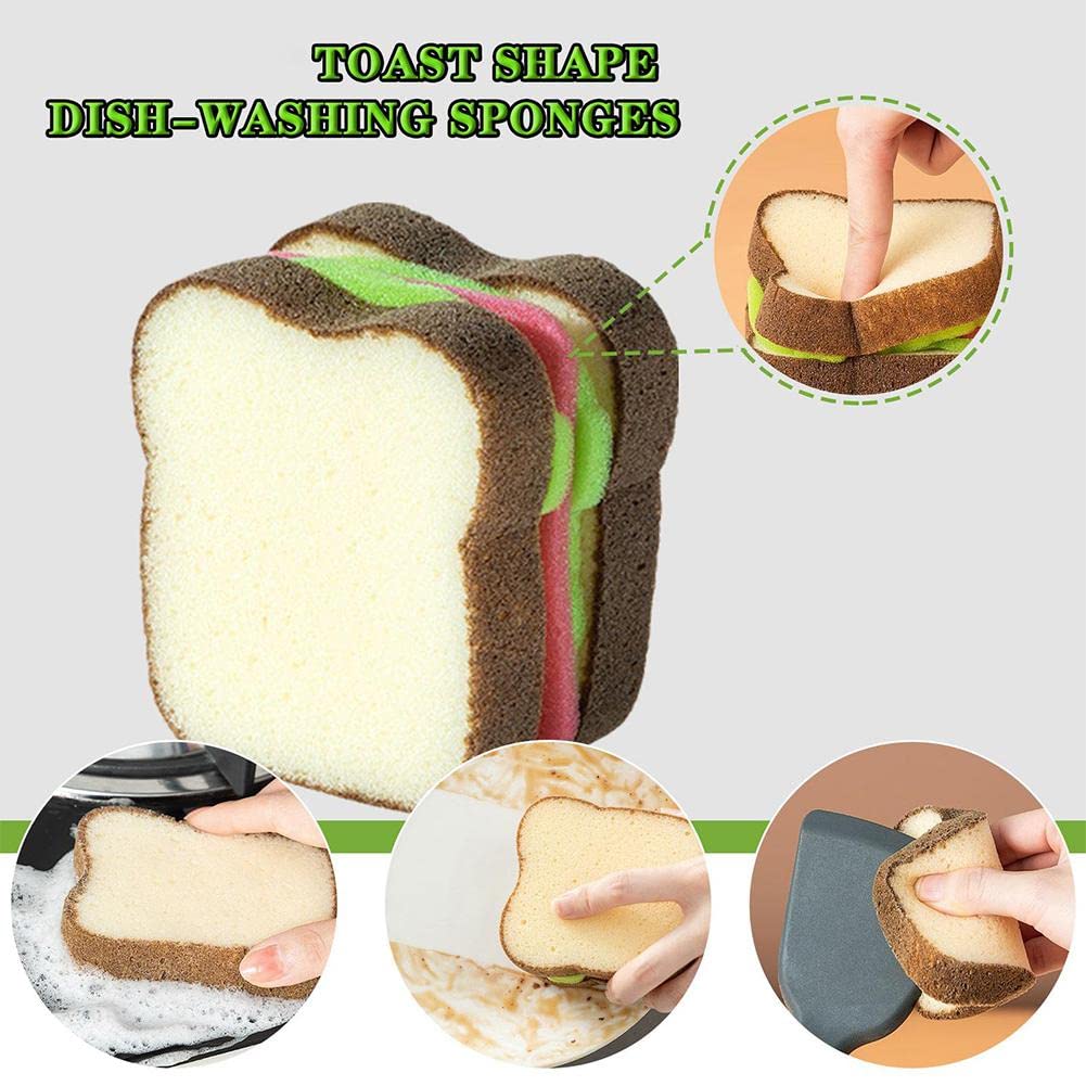 5pcs Heavy Duty Scrub Sponges,Toast Shape Sponge,Cute Deep Cleaning Thickened Scrub Kitchen Sponges,Sandwich Style Washing Dishes Scrubber