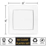 Oasis Creations Clear Square Plates Set 9" - 50 Count - Premium Hard Clear Plastic - Disposable and Reusable - Dinner - Salad - Party Plate Set