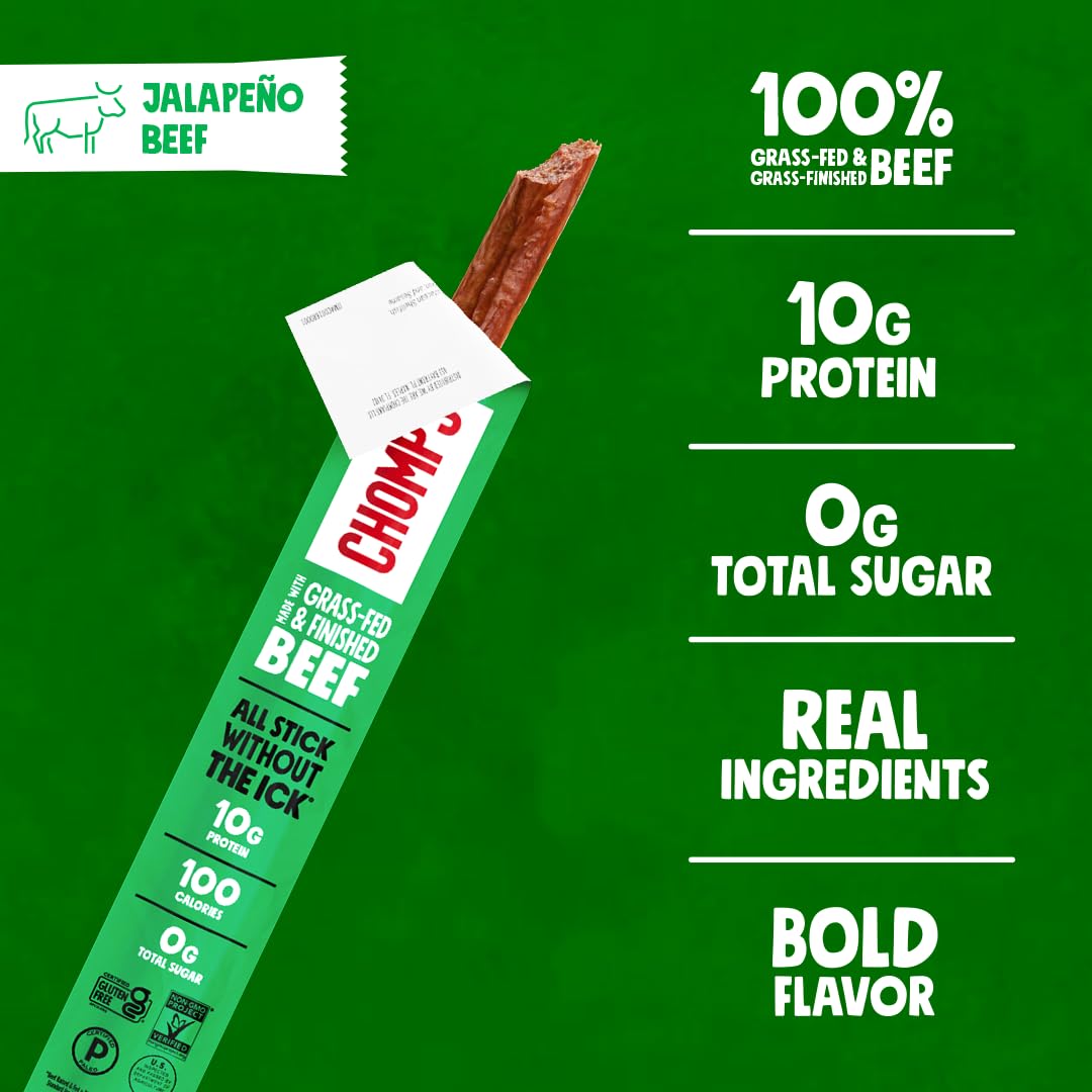 Chomps Grass-Fed and Finished Jalapeño Beef Jerky Snack Sticks 24-Pack - Keto, Paleo, Whole30, 10g Lean Meat Protein, Gluten-Free, Zero Sugar Food