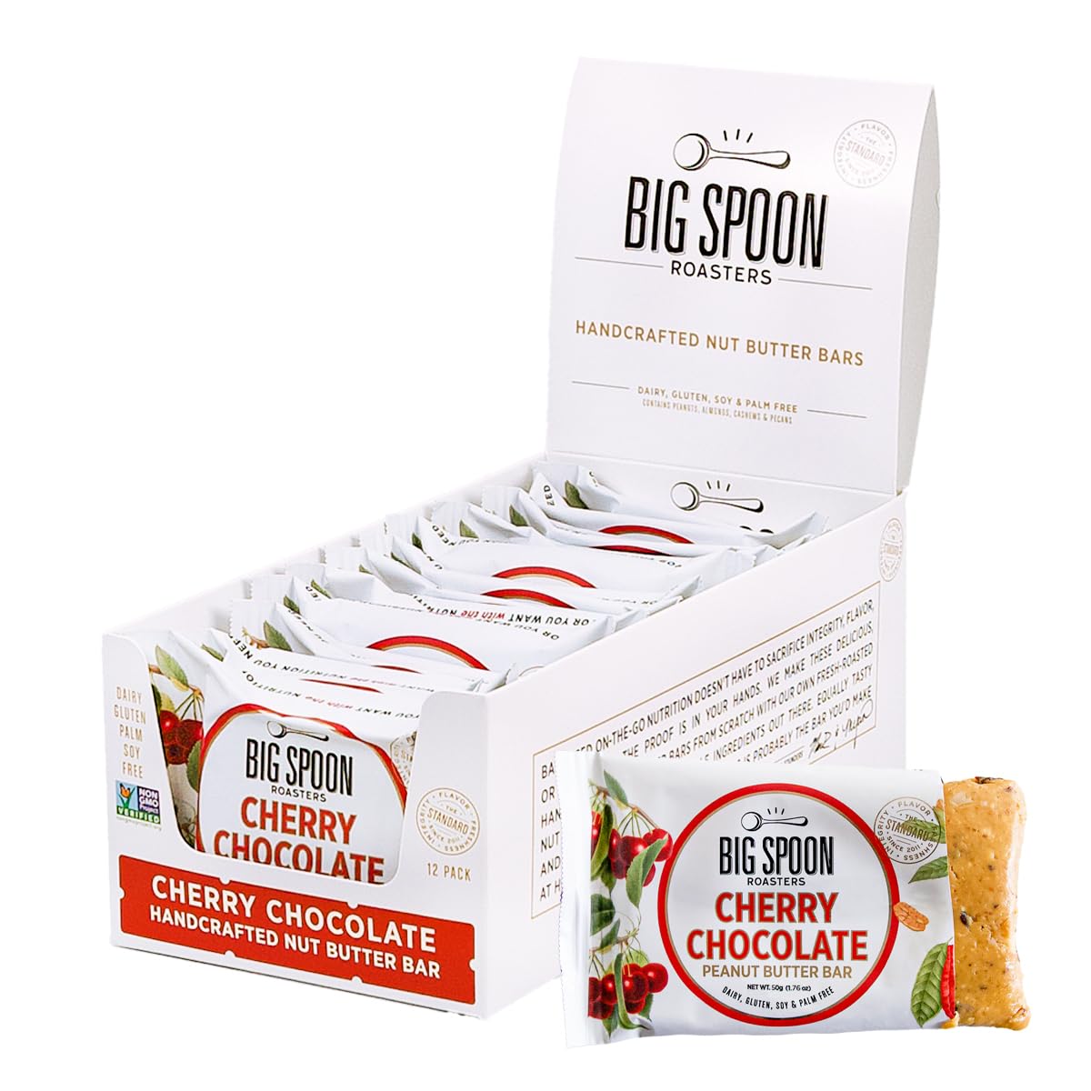 Big Spoon Roasters Cherry Chocolate Nut Butter Bars - Low Carb, High Protein Bars w/Pea Protein - Vegan Snacks w/Peanut & Almond Butter - Gluten-free