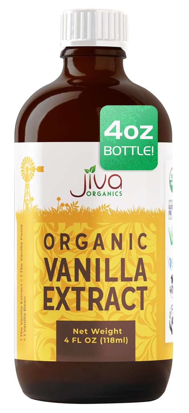 Jiva Organics Pure Vanilla Extract 4oz - 100% Real Extract - For Cooking, Drinks & Desserts - 100% Vegan, Sugar Free & Kosher - Non-GMO & Gluten-Free