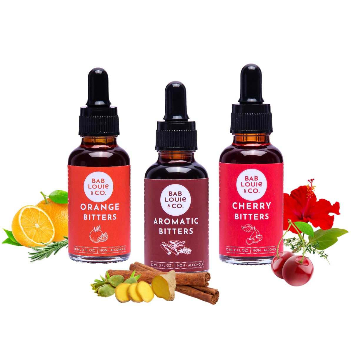 Bab Louie & Co. Non-Alcoholic Bitters Set - Cherry, Orange, Aromatic Bitters for Cocktails, Mocktails, Whiskey - 30ml/ 1 Fl. Oz Each, Non-Alcoholic