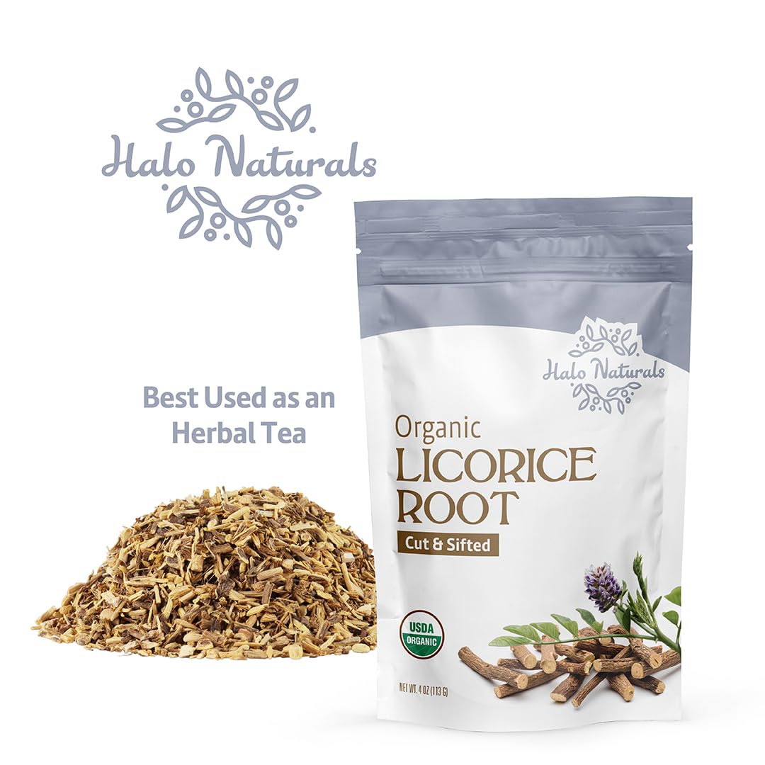 Halo Naturals Organic Licorice Root Cut & Sifted, 4 Ounces (Glycyrrhiza glabra) USDA Certified | Resealable Pouch| Packaged in The USA
