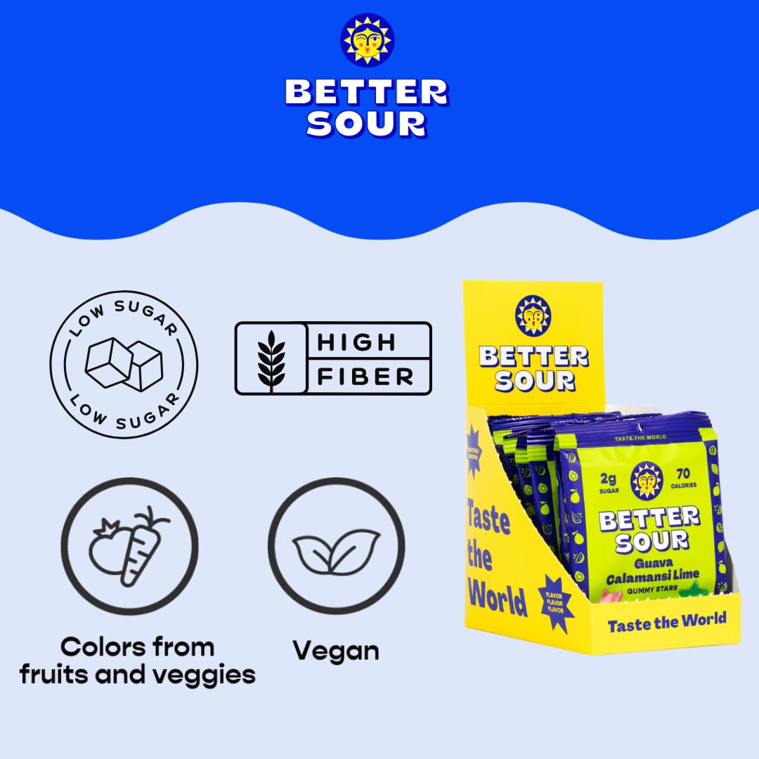Better Sour Guava Calamansi Lime Gummy Stars Candy, Guava Sour Candy with Bold Tropical Flavor, Healthy Sour Candy Gluten Free Snack, Fiber Gummies