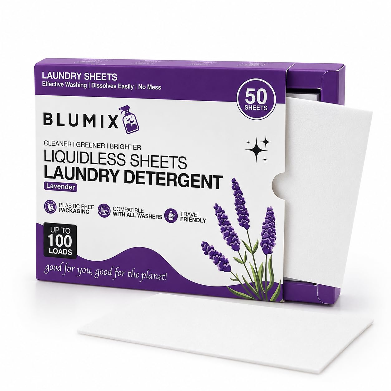 Blumix Laundry Detergent Sheets - 100 Loads | Lavender Scent | Eco-Friendly, Plastic-Free, Plant-Based Detergent for Sensitive Skin | Travel Friendly