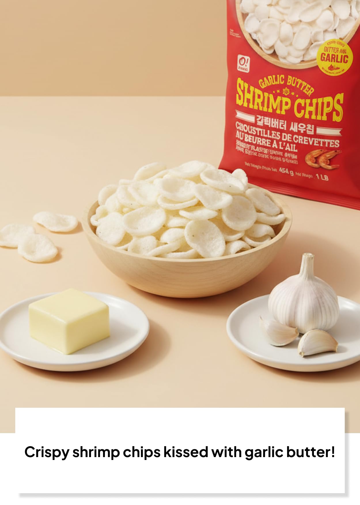 Korean Food O!Snack Garlic Butter Shrimp Chips, Crispy Shrimp Snack with Butter & Garlic Flavor, Extra Large 1 lb Bag, Family Size, Great for Sharing