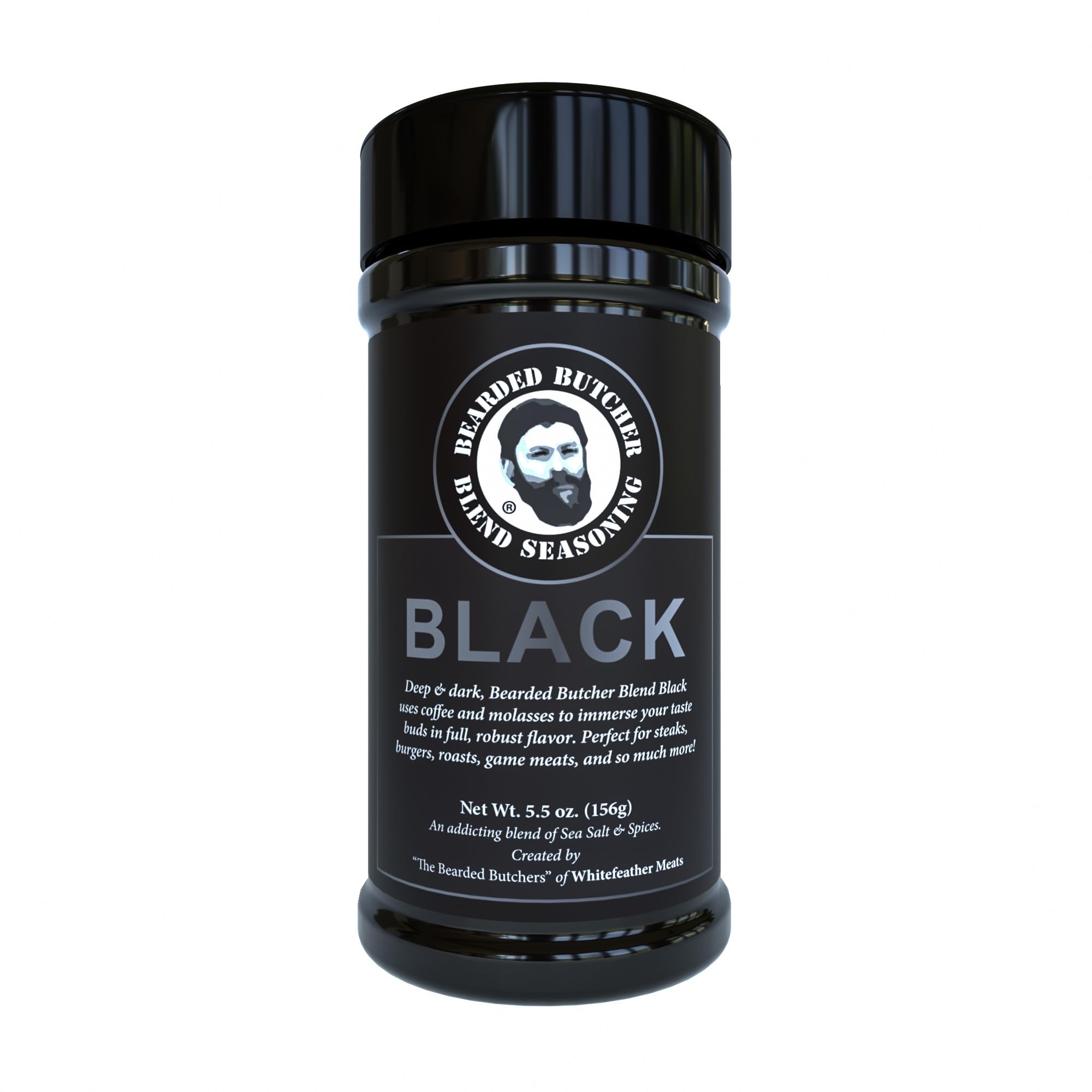 Bearded Butchers Black Blend Seasoning, 5.5 oz Shaker - Coffee & Molasses Flavor for Steaks, Burgers, Brisket, Roasts, Game Meats - Gluten-Free, No