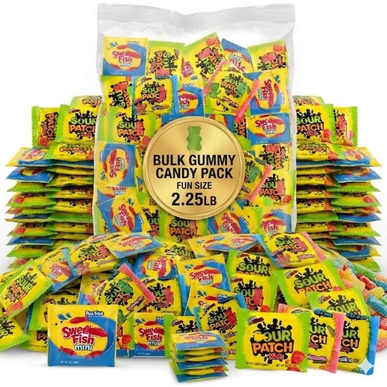 Bulk Gummy Candy Pack of SourPatch Kids Candy Tropical and Watermelon, SwedishFish- BIG 2.25 lb Bag (36oz) of Fun Size Individually Wrapped Candy