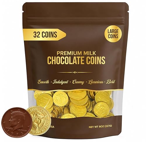 Large Chocolate Gold Coins, 32-Pack, Milk Chocolate Candy, 1.5 Inch Half Dollar Size, Gold Foil, Individually Wrapped Party Favors For Holidays, Candy