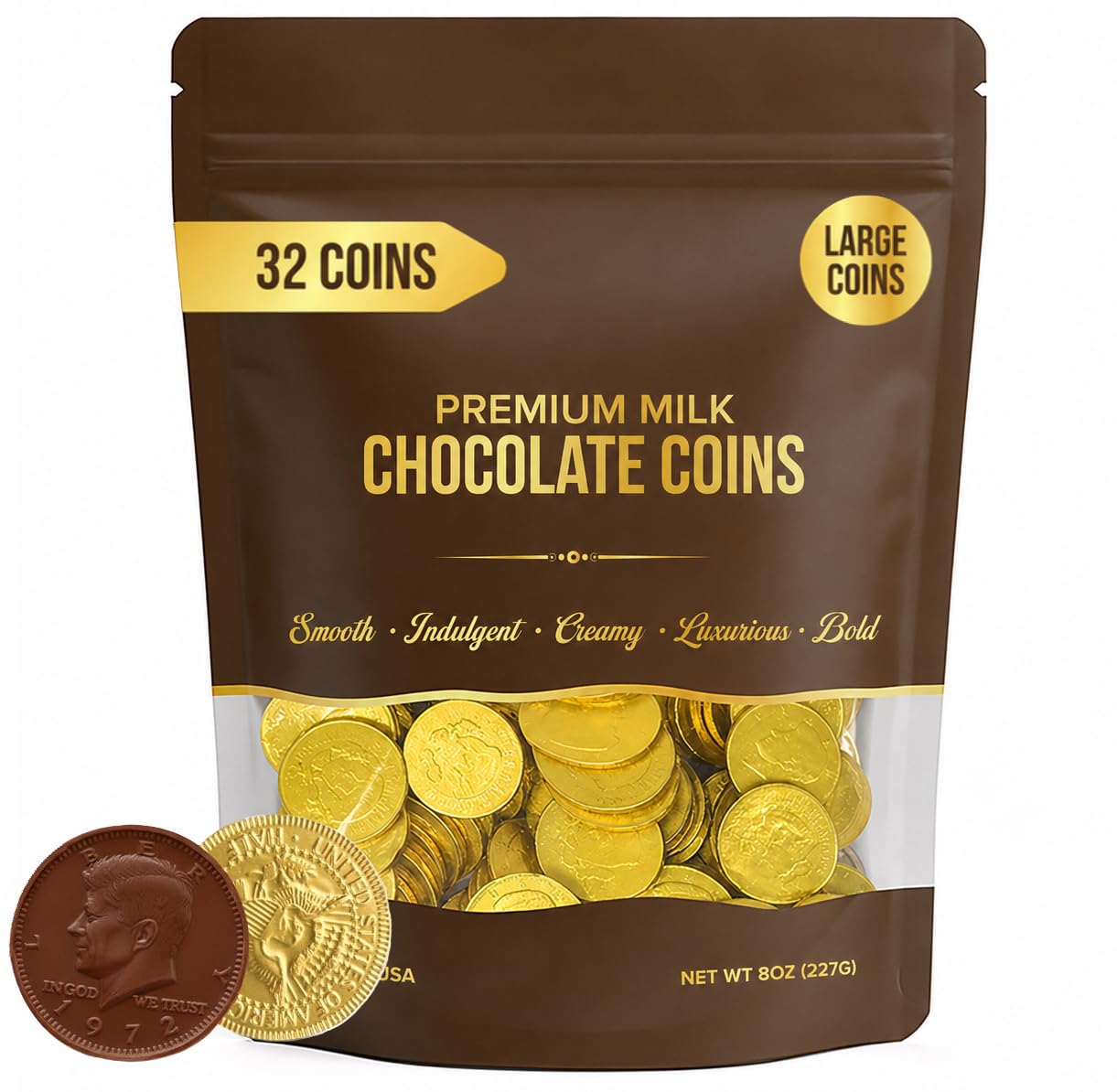 Large Chocolate Gold Coins, 32-Pack, Milk Chocolate Candy, 1.5 Inch Half Dollar Size, Gold Foil, Individually Wrapped Party Favors For Holidays, Candy
