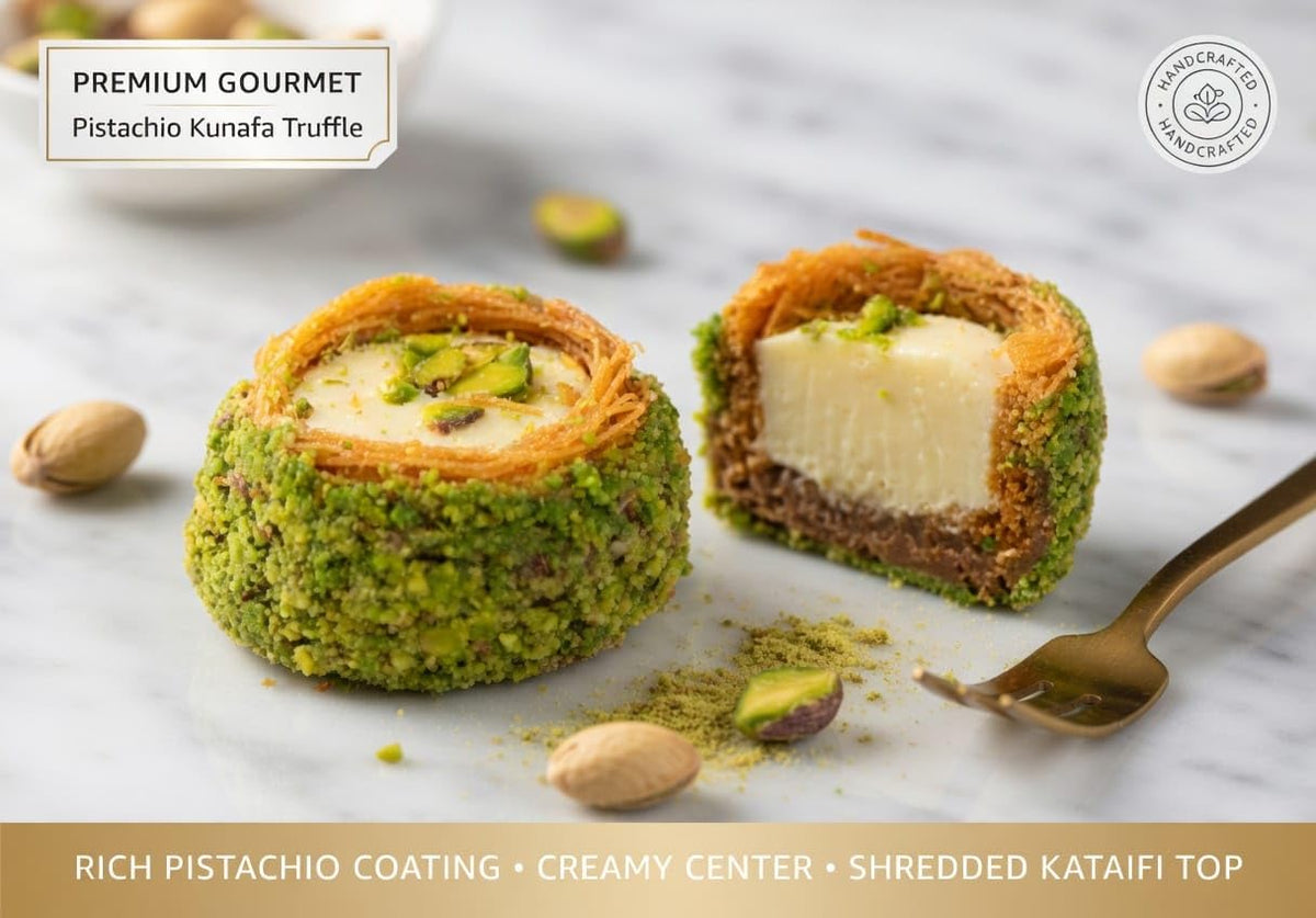 Omniya Crispy Pistachio Kataifi Nest with Cream Filling - Luxury Middle Eastern Dessert with Ashta or White Chocolate Cream Center - Gourmet Gift