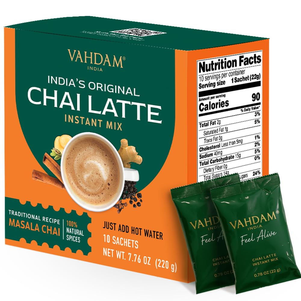 VAHDAM Instant Chai Latte - 10 Sachets (7.7 Oz / 220g) | Authentic Indian Chai with Natural Spices | Just Add Water, No Steeping Required | Creamy
