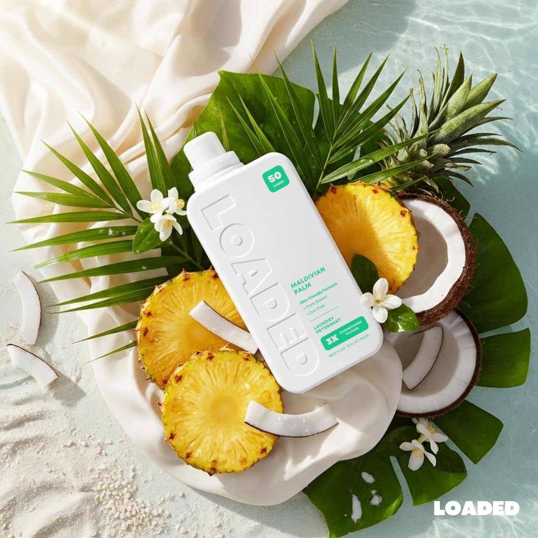 Loaded Laundry Detergent, Luxury Cologne & Perfume Scented | 50 Loads | Coconut & Palm | Skin-Friendly & Plant-Based | Made in USA | 32 oz