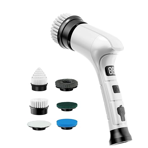 Electric Spin Scrubber, Cordless Household Cleaning Brush with 6 Replaceable Heads, 3 Speeds, LED Display, Lightweight Handheld Power Scrubber