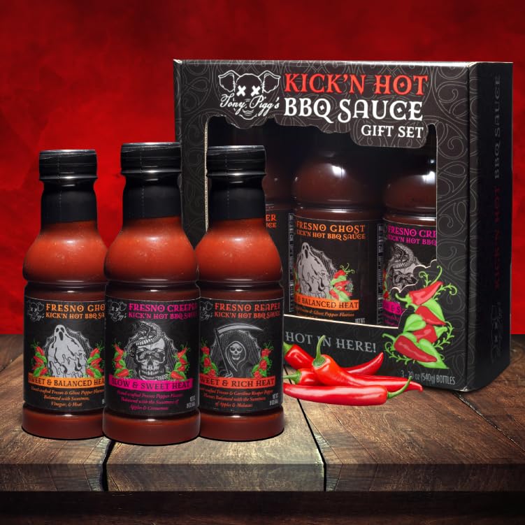 Tony Pigg's Kick'n Hot BBQ Sauce Gift Set (3pk, 19oz ea- Fresno Reaper, Ghost, Creeper)- Hand Crafted Barbecue Sauces w Fresh Pepper Heat- Great