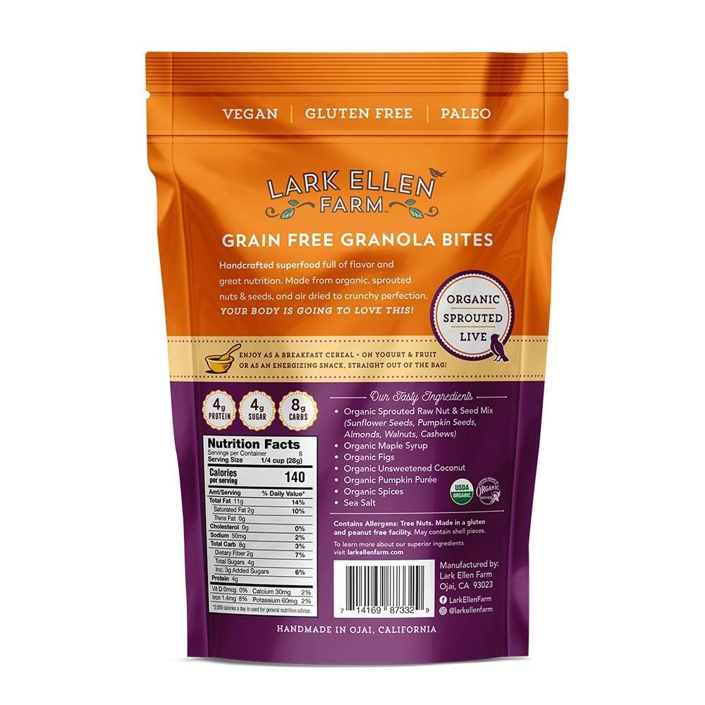 Lark Ellen Farm Grain-Free Granola, Certified Organic Raw Sprouted Vegan Clusters, Paleo & Crunchy Gluten-Free Bites for Cereal or Yogurt, Pumpkin Fig