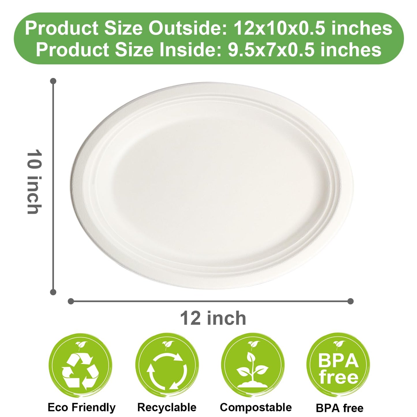 EcoAvance Oval Compostable Paper Plates 60 Pack, Large 12 inch, Eco Friendly Disposable Dinner Plates, Heavy Duty, White