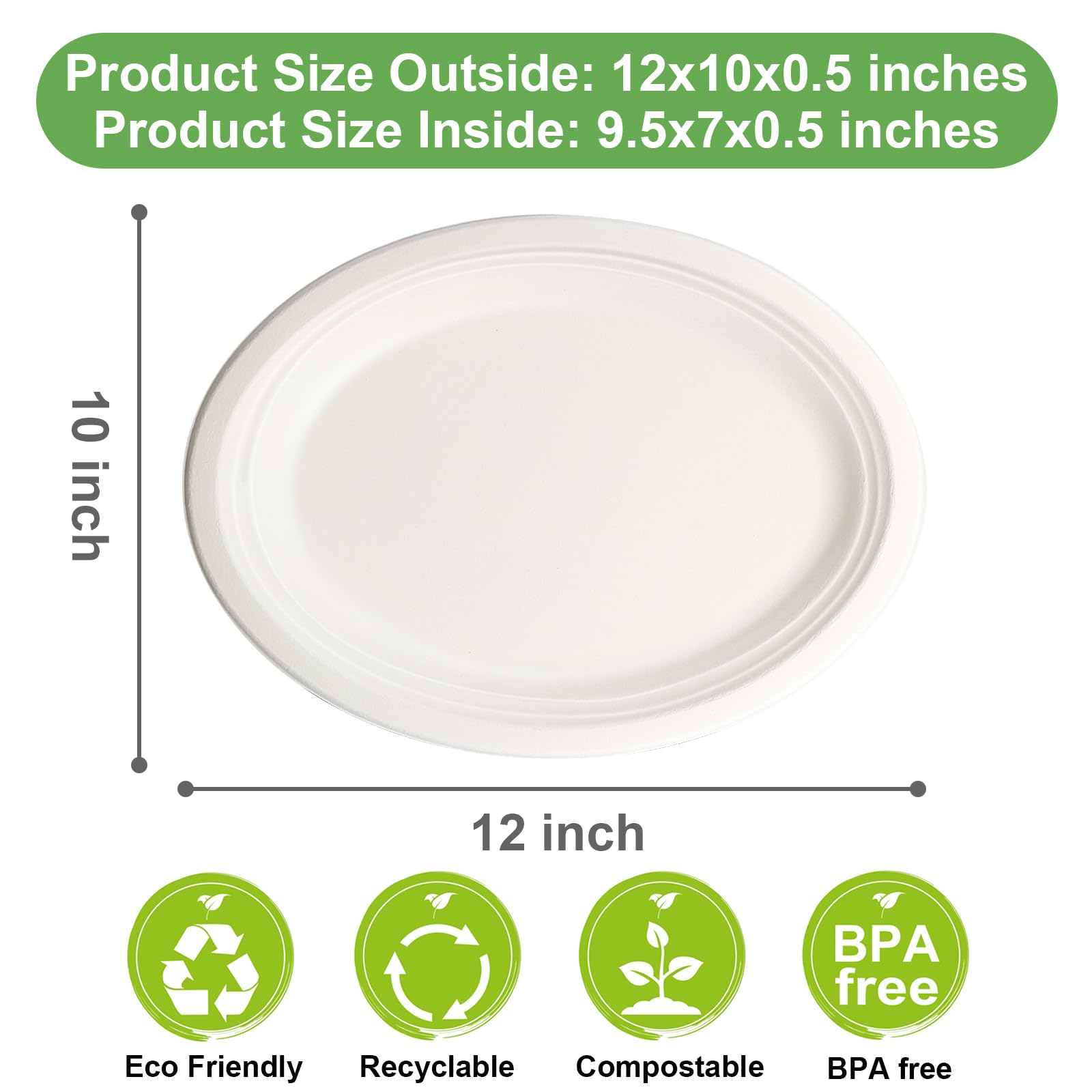 EcoAvance Oval Compostable Paper Plates 60 Pack, Large 12 inch, Eco Friendly Disposable Dinner Plates, Heavy Duty, White