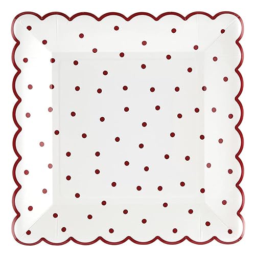 Santa Barbara Design Studio Christmas Disposable Plate Scallop Edged Square Disposable Paper Plates, 9-Inch, Red Polka Dot