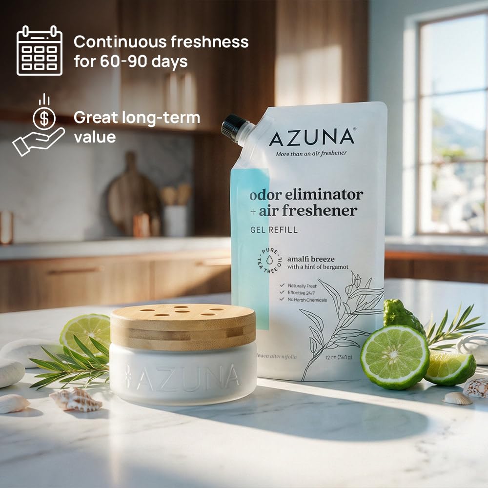 Azuna Air Freshener & Odor Eliminator for Strong Odor | 2 Room Kit Includes (2) 8 oz. Empty Luxe Glass Jars & 12 oz | Refill with Tea Tree Essential