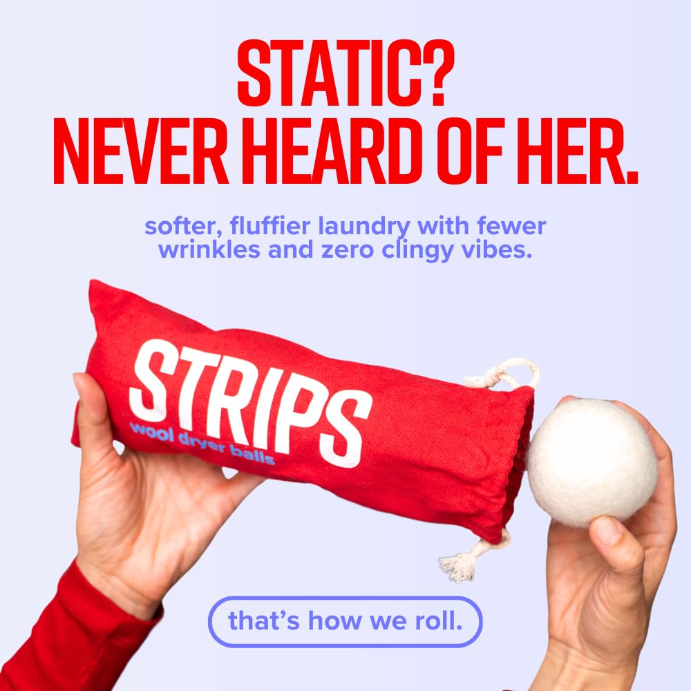STRIPS Wool Dryer Balls - XL 3-Pack Premium Natural Fabric Softener - Reduces Clothing Wrinkles and Saves Drying Time, Reusable Wool Balls for Dryer