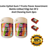 Jinkyoerr Lotte Xylitol Gum 7 Fruits Flavor Assortment Bottle 4.69oz(133g) Set Of 2 And Chewing Gum 2pcs