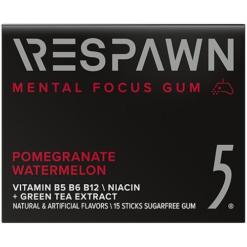 RESPAWN by 5 Gum Mental Focus Gum, Pomegranate Watermelon Sugar Free Chewing Gum, 15 Sticks