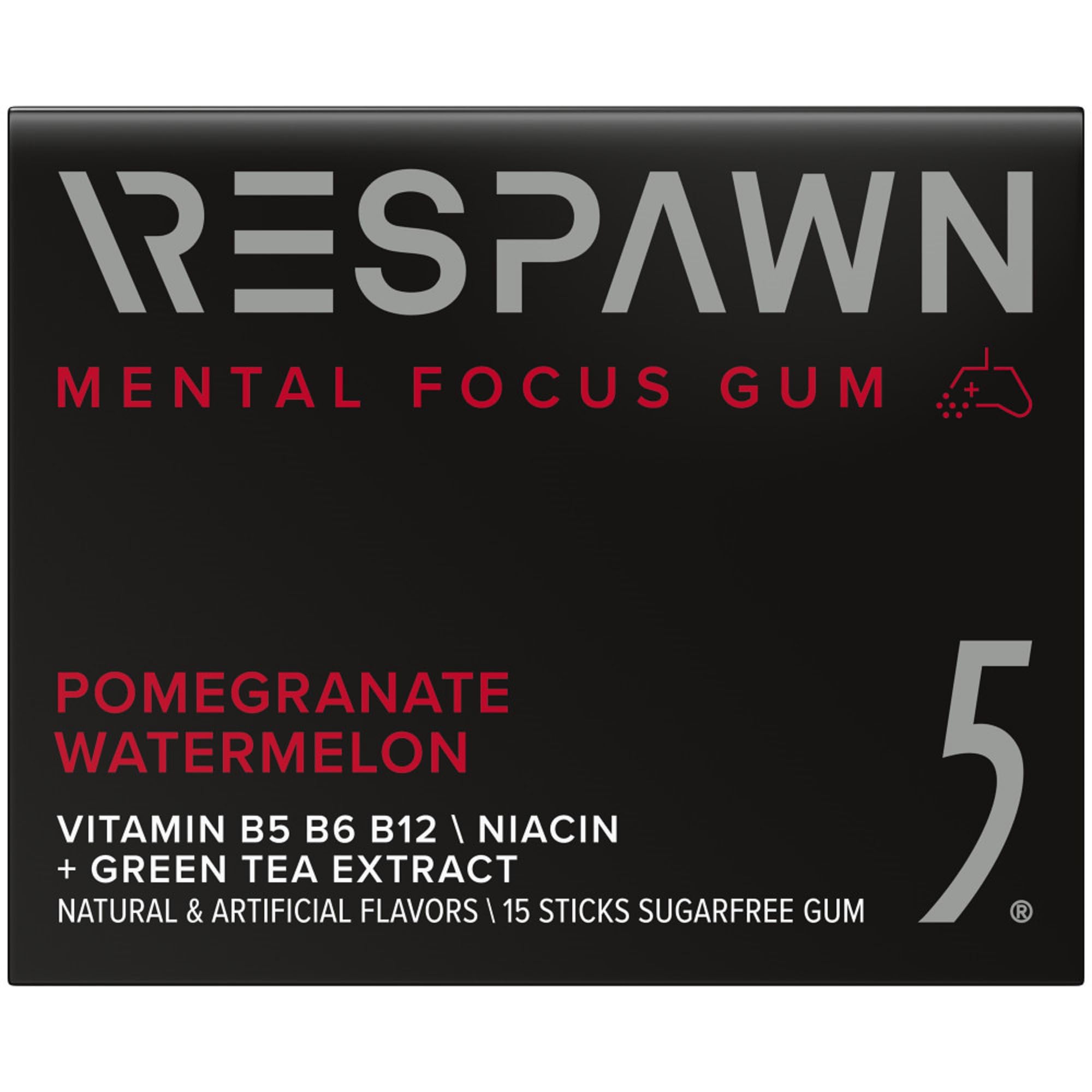 RESPAWN by 5 Gum Mental Focus Gum, Pomegranate Watermelon Sugar Free Chewing Gum, 15 Sticks