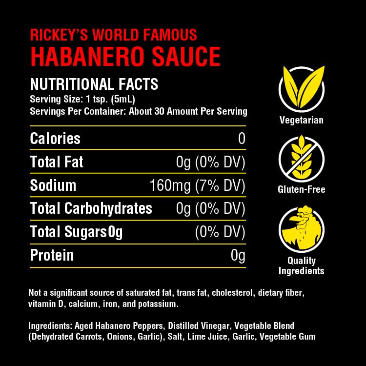 RICKEY'S World Famous Habanero Sauce, Gourmet Hot Sauce with Aged Habanero Peppers, Distilled Vinegar, Salt, Vegetable Blend, Lime Juice, Granulated