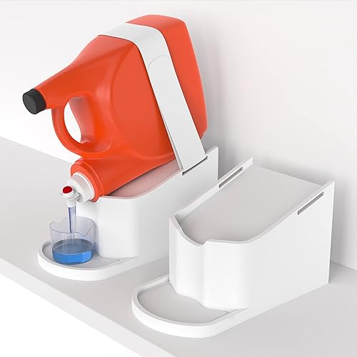 IMPRESA Laundry Detergent Stand - 2-Pack, White Drip Catcher & Liner, Laundry Detergent Storage - Hook & Loop Strap & Secure Grip Feet, Room