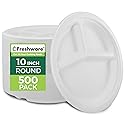 Freshware Paper Plates - Disposable 10" Plate, 500-Pack, Biodegradable Sugarcane Fiber Dinner Plates - Heavy Duty Dinnerware - Microwave & Freezer