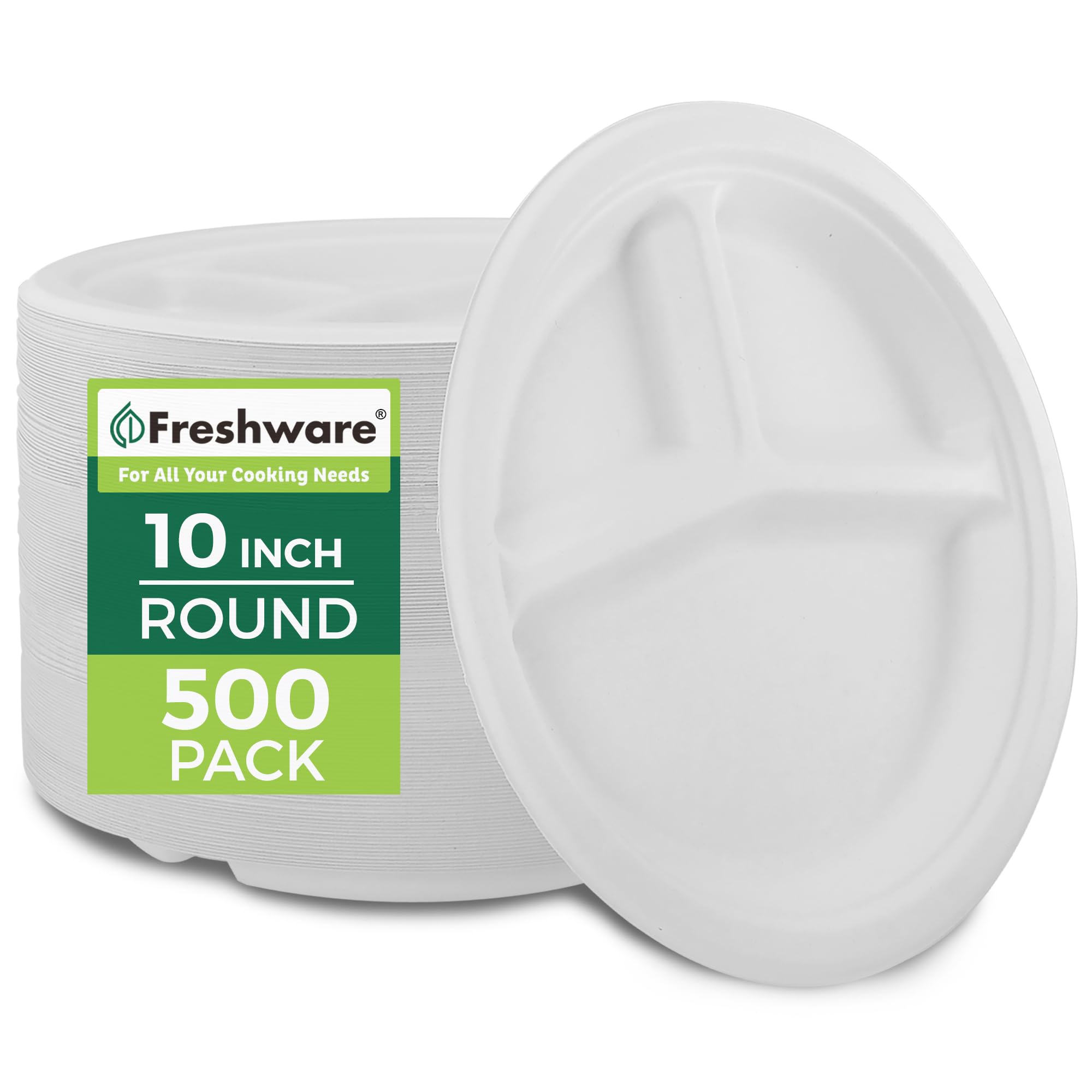 Freshware Paper Plates - Disposable 10" Plate, 500-Pack, Biodegradable Sugarcane Fiber Dinner Plates - Heavy Duty Dinnerware - Microwave & Freezer