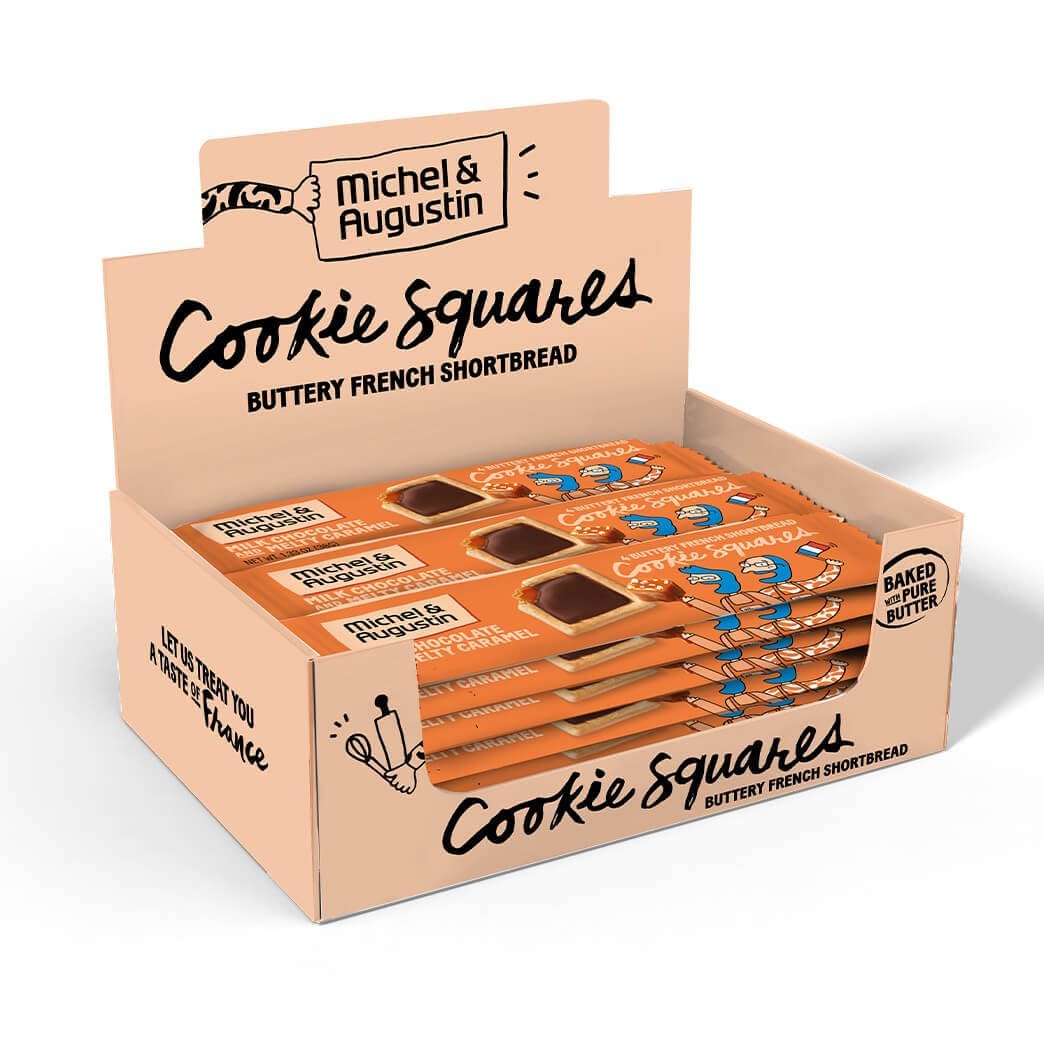 Michel et Augustin Cookies, Individually Wrapped Snacks Gift Box, Milk Chocolate & Caramel Shortbread Cookie Bars, 18-Pack, 4 French Butter Cookies