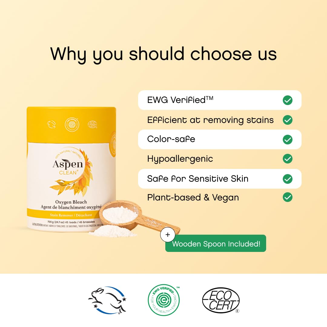 AspenClean | Unscented Oxygen Bleach Powder | Color Safe Laundry Stain Remover | Bleach Alternative | EWG Verified™, Hypoallergenic, Non-Toxic | 45