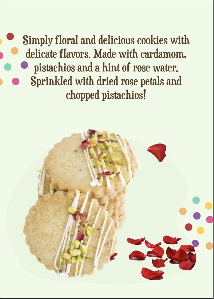 Rose Pistachio Cookies- Gourmet Indian Cookies, 100% Egg-Free & Vegetarian, Handmade with Real Butter & Pistachios, No Preservatives, Authentic