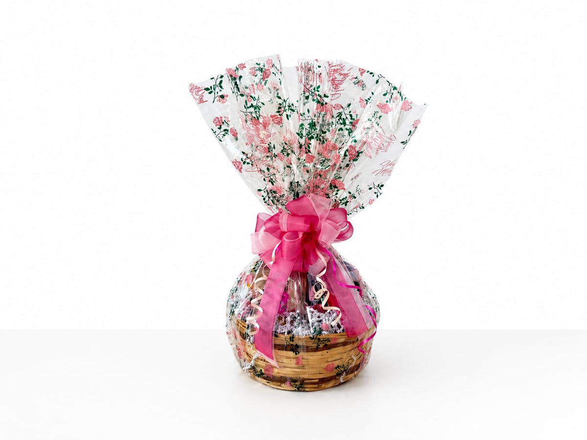 Mothers Day Gift Basket with Chocolate, Candy & Snacks - 10 Inch Wrapped Gift Basket - Holiday Treats for Mom, Grandma, Family, Friends & Coworkers