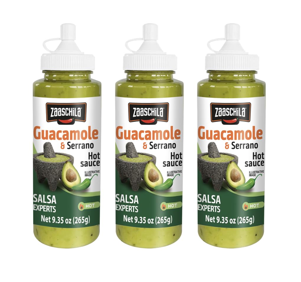 Zaaschila Guacamole & Serrano Sauce - 9.35oz (265g) 3-Pack - Creamy & Spicy Flavor, Perfect for Tacos, Chips, and Dips