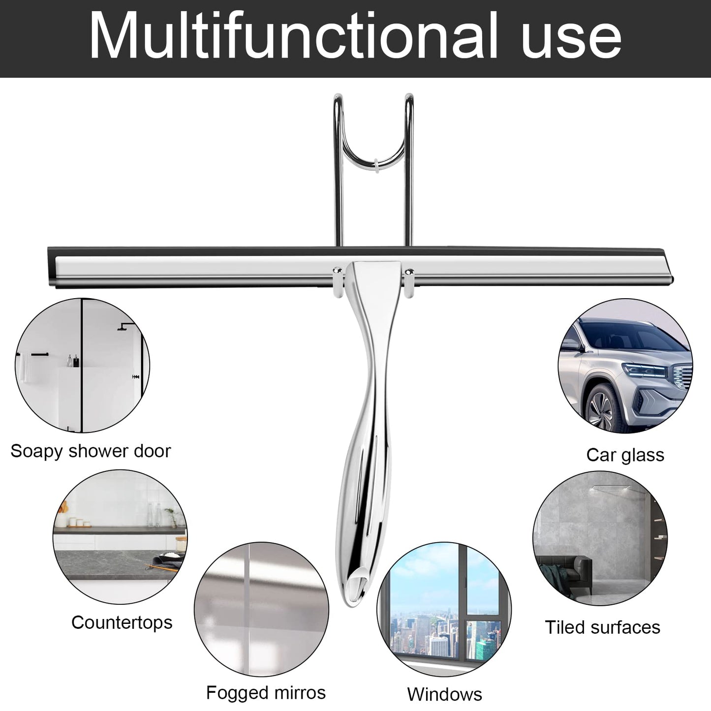 14 inch Shower Squeegee Stainless Steel Squeegee All-Purpose Glass Squeegee for Shower Doors Mirror Tile Bathroom, Window and Car Glass with Door