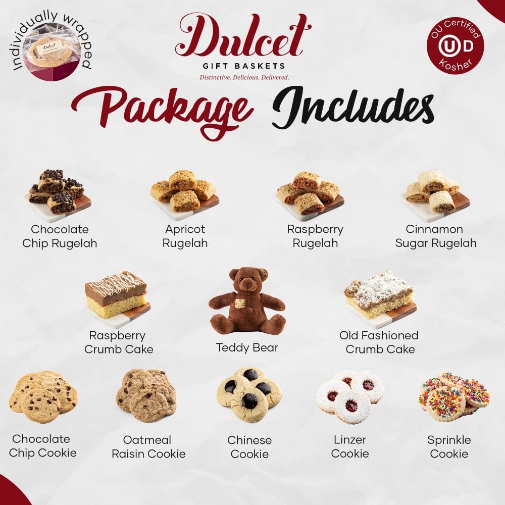 Dulcet Gift Baskets Happy Holiday Deluxe Bakery Mix of Assorted Cookies and Pastries with Decorative Teddy Bear for Women, Friend, College, Couples