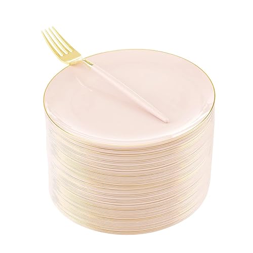 LIYH 96 Pcs Pink and Gold Disposable Plastic Dessert Plates and Forks Set - 7.5" Plastic Appetizer Plates & 9" Gold Cake Forks for Tea Parties