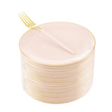 LIYH 96 Pcs Pink and Gold Disposable Plastic Dessert Plates and Forks Set - 7.5" Plastic Appetizer Plates & 9" Gold Cake Forks for Tea Parties
