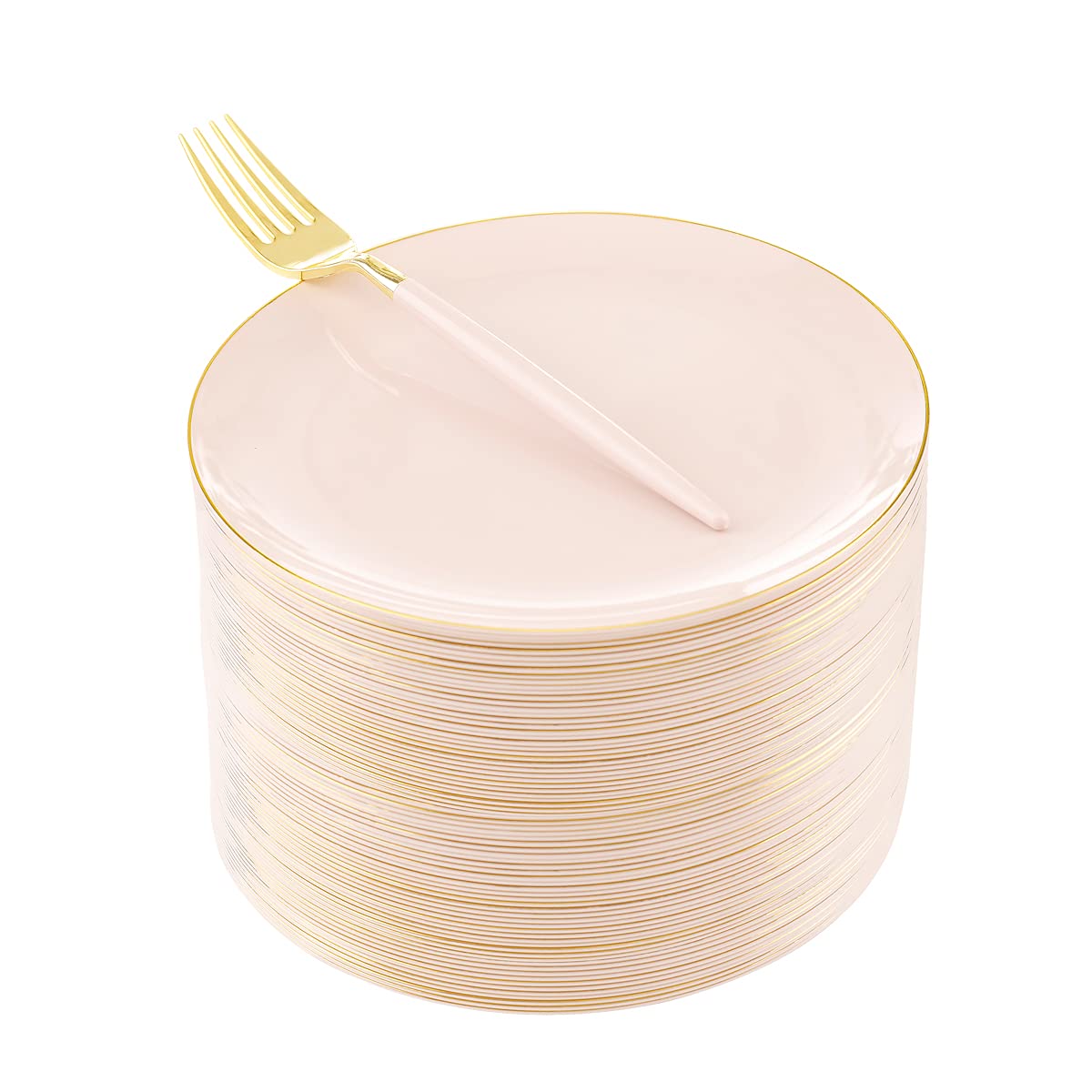 LIYH 96 Pcs Pink and Gold Disposable Plastic Dessert Plates and Forks Set - 7.5" Plastic Appetizer Plates & 9" Gold Cake Forks for Tea Parties