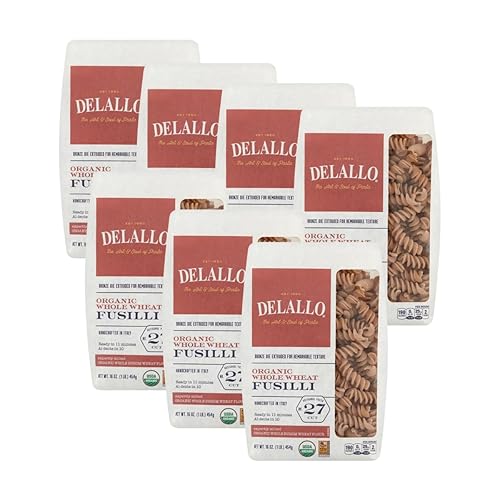 DeLallo Whole Wheat Fusili Pasta, 1 Pound Bag, 7 Pack, 100% Organic, Whole Grain