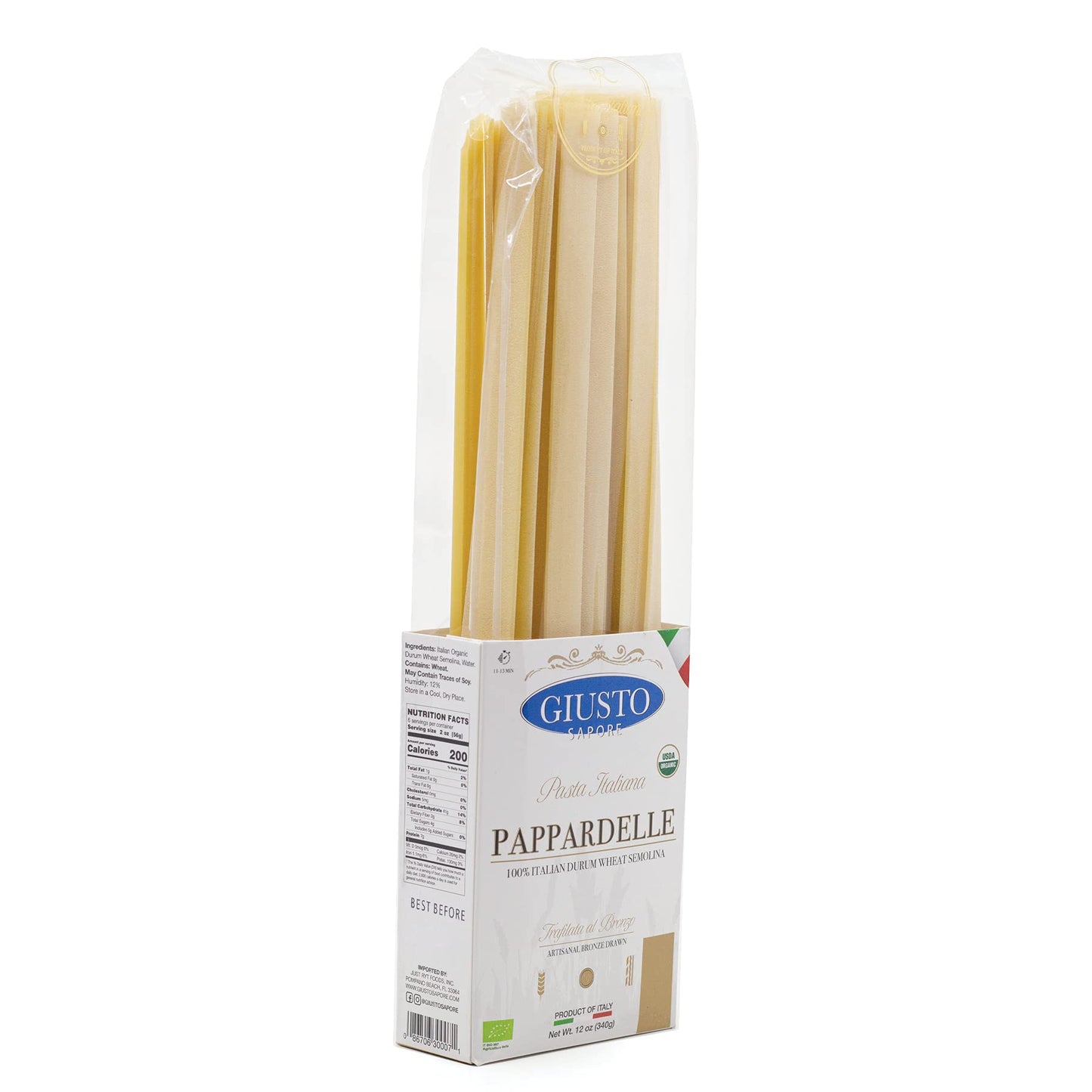 Giusto Sapore Imported Artisanal Pappardelle Italian Pasta, Organic Bronze Drawn, 340G