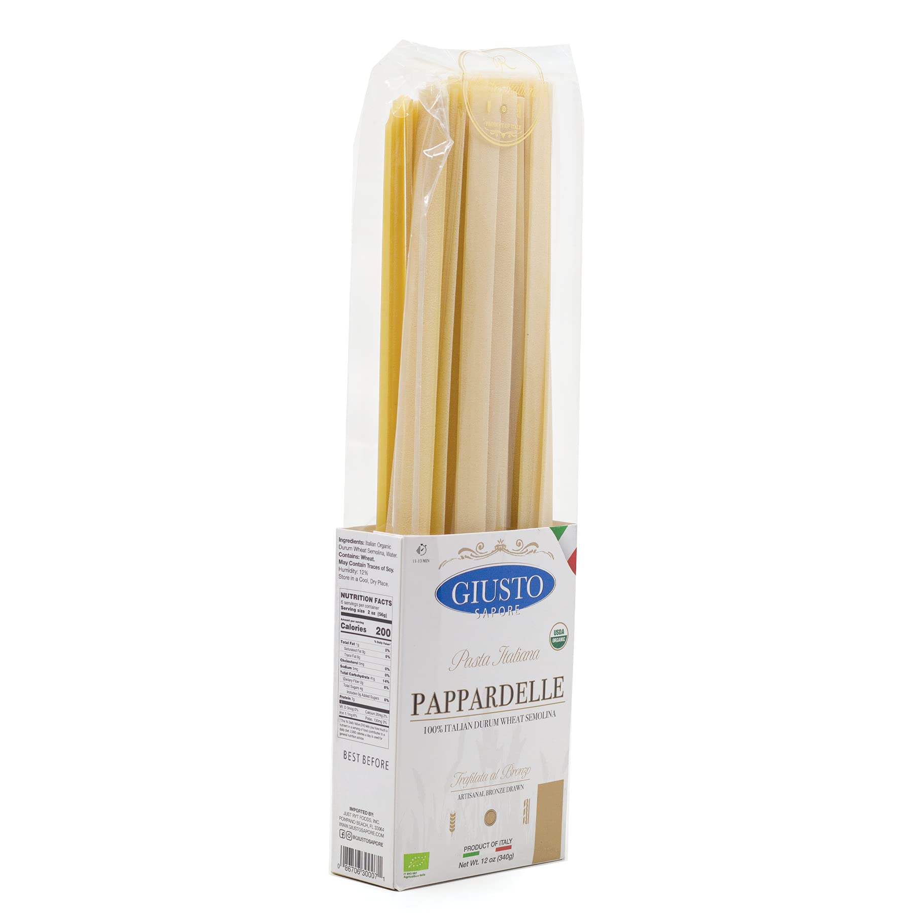 Giusto Sapore Imported Artisanal Pappardelle Italian Pasta, Organic Bronze Drawn, 340G